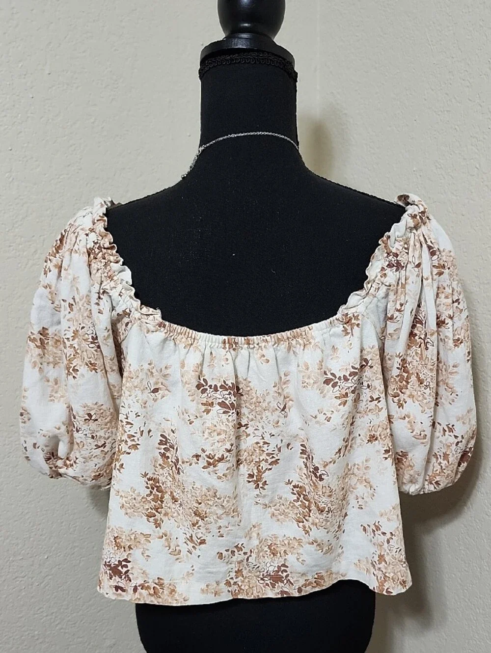 Abercrombie & Fitch Brown Floral Square Neck Puff Sleeve Top Sz S Boho